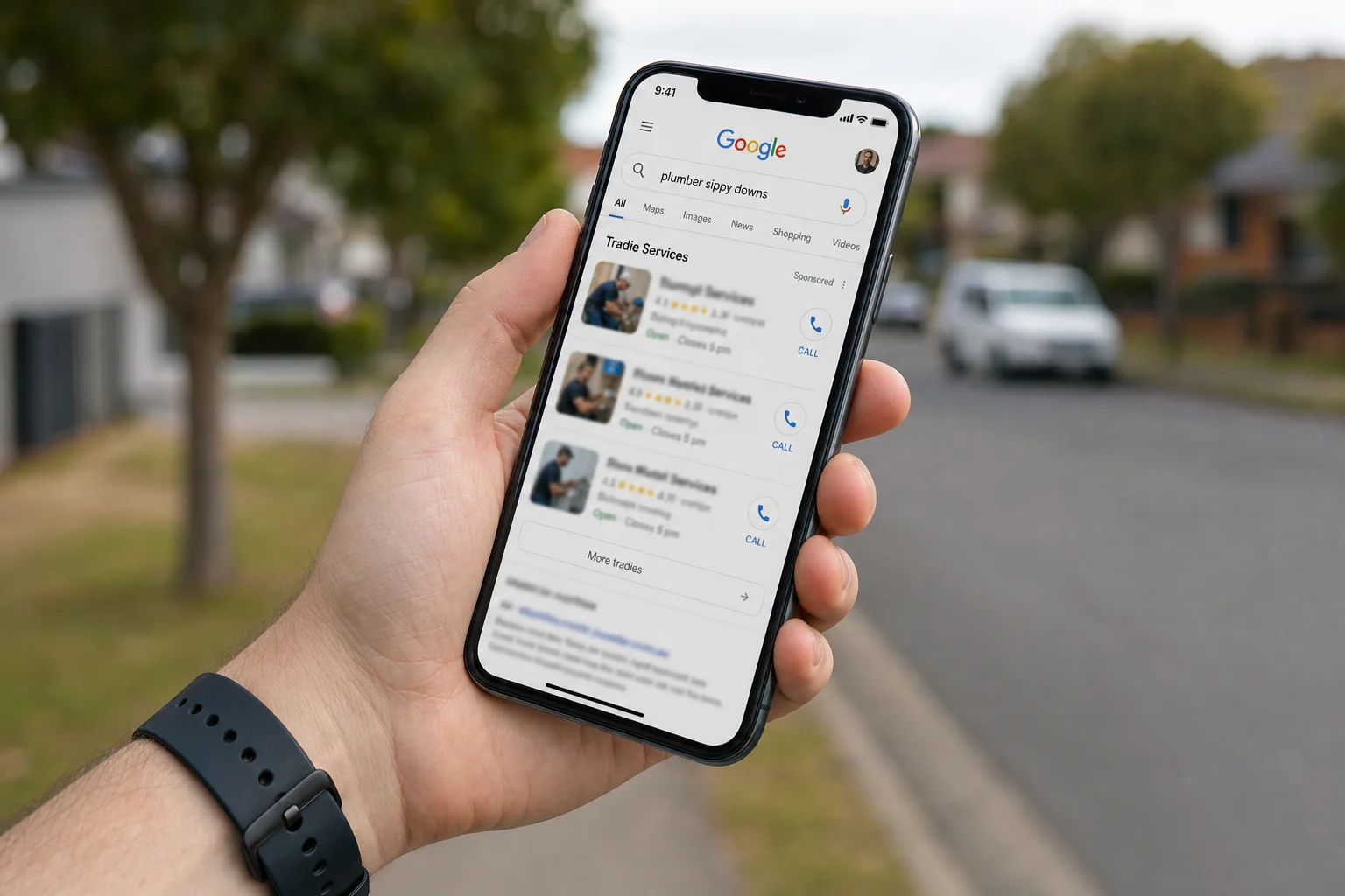 Mobile phone showing Google search results for a trade service, illustrating the critical moment before a tradie landing page impression