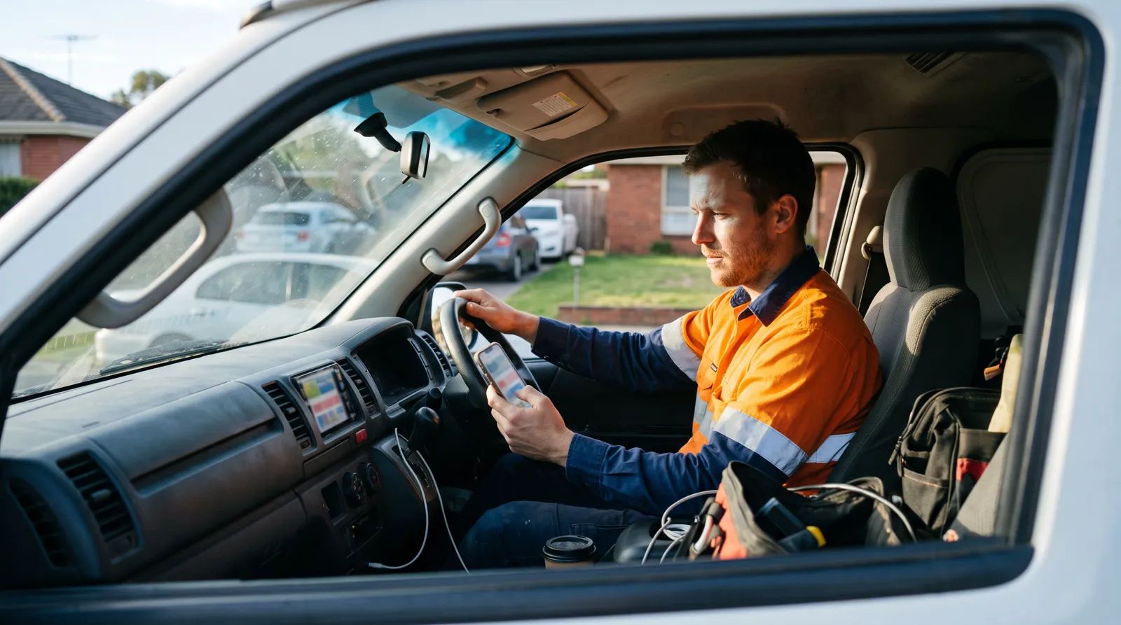 Tradesman in hi-vis checking a new enquiry on his phone from the driver's seat of his work van