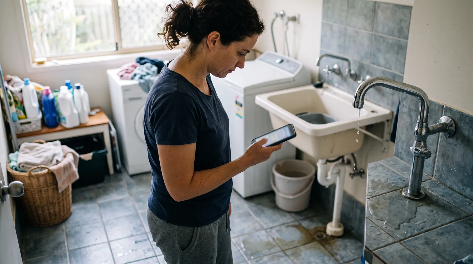 Homeowner in a laundry looking up a plumber on her phone beside a dripping tap