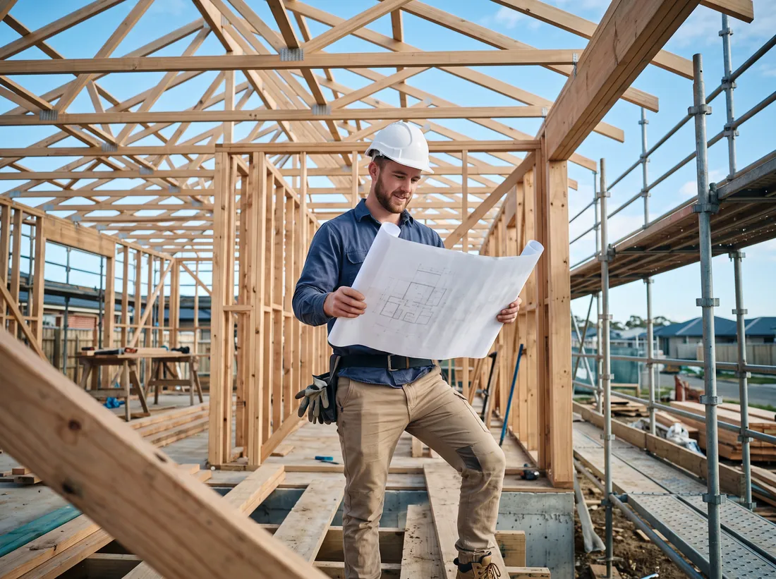 Builder checking plans at a timber-framed house under construction