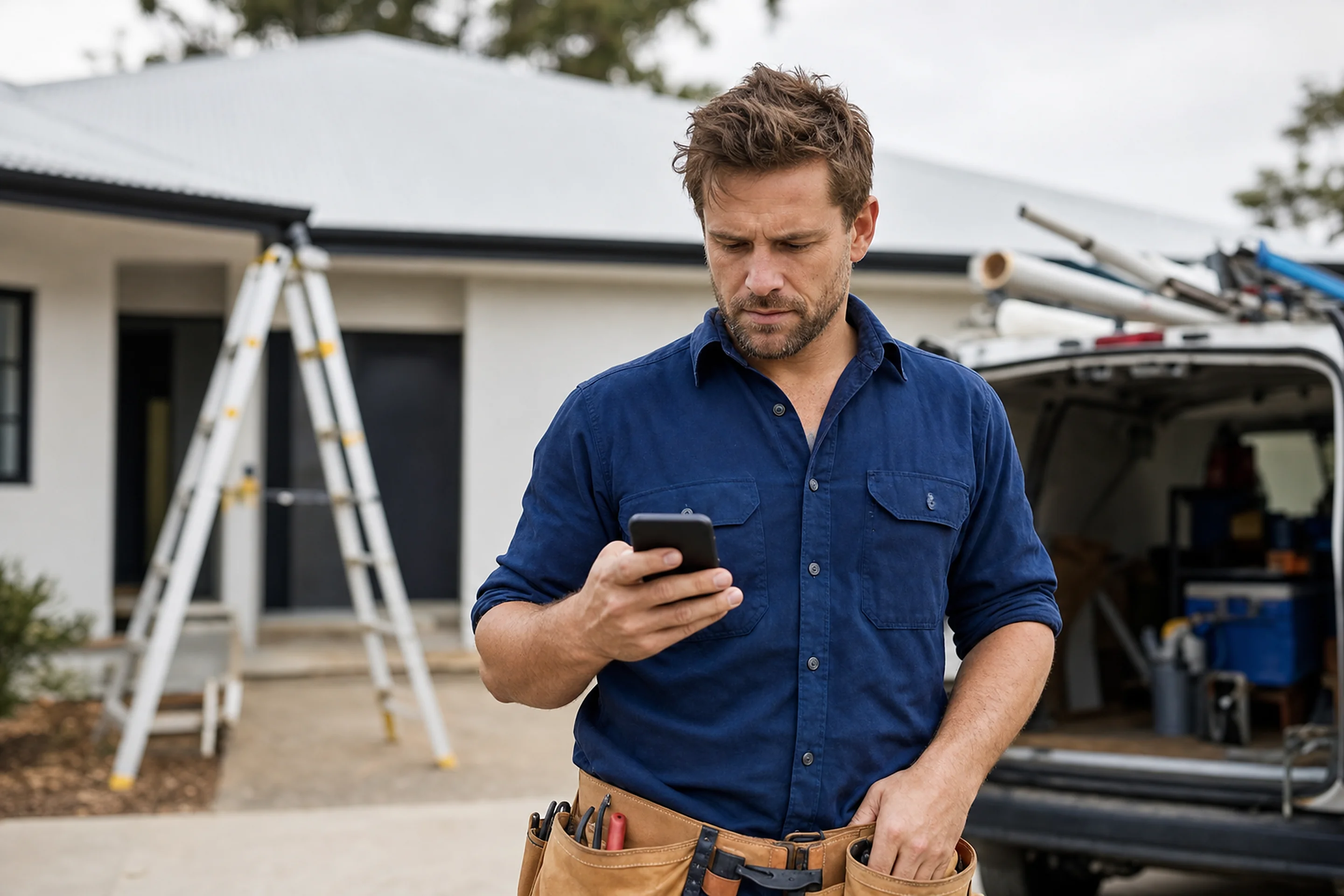 Australian tradesperson looking at search results on a phone at a job site