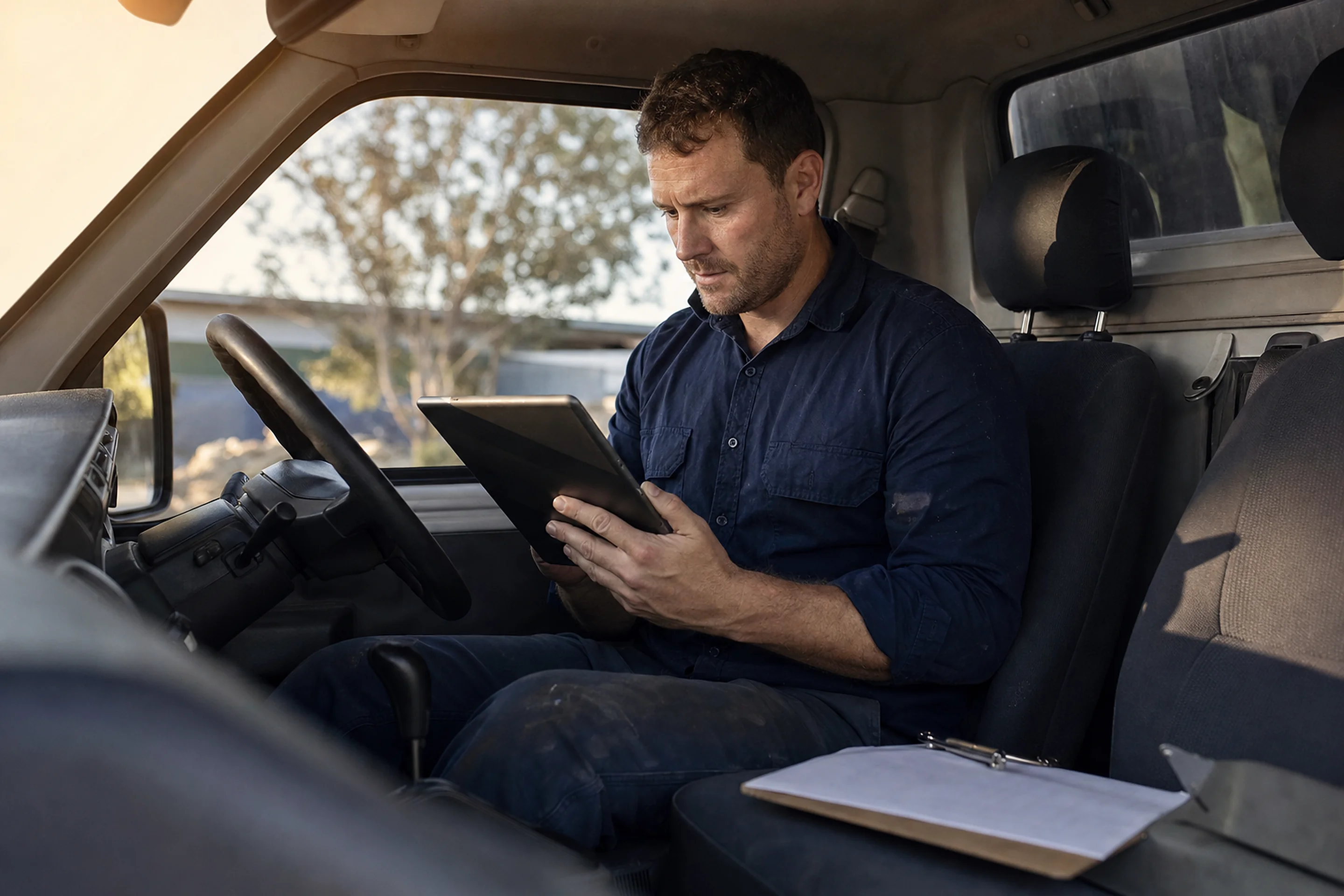 Australian tradesperson reviewing advertising costs on a tablet at a work bench