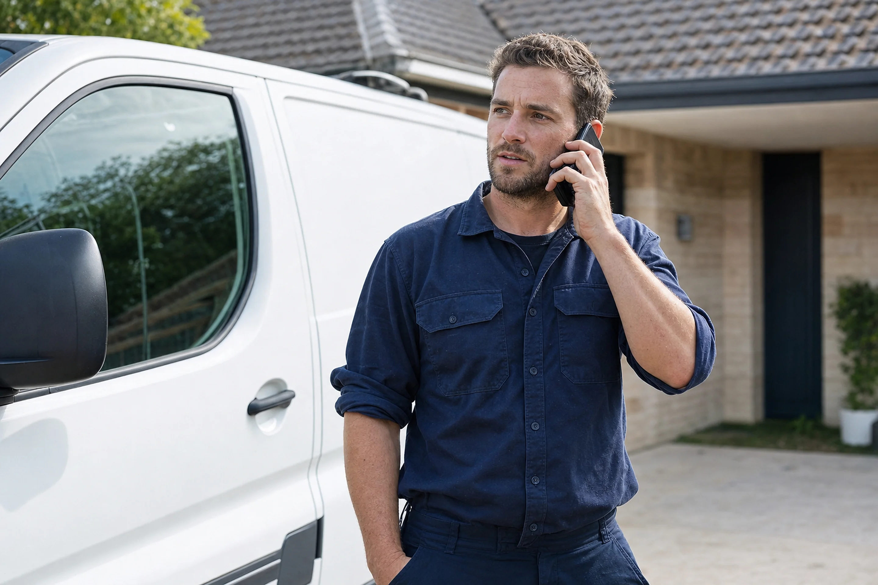 Australian tradesperson taking a call on site with a work van behind