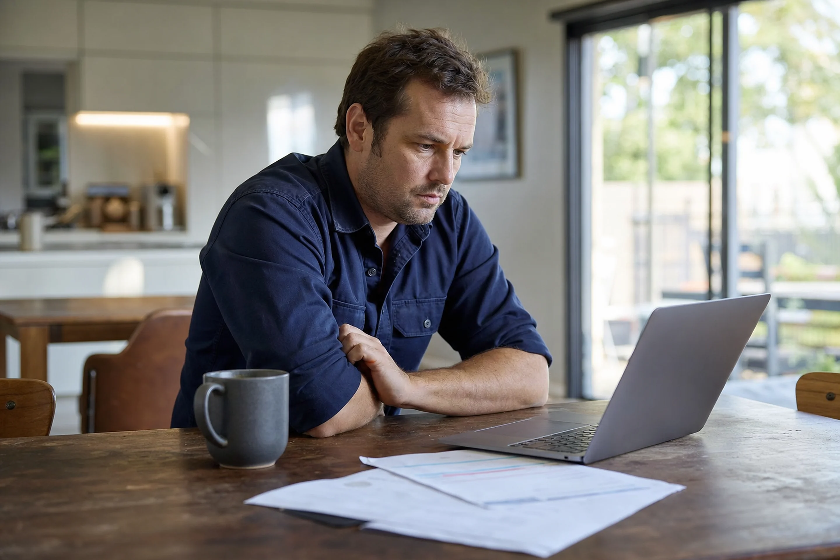 Australian trade business owner reading a website analytics report at a kitchen table