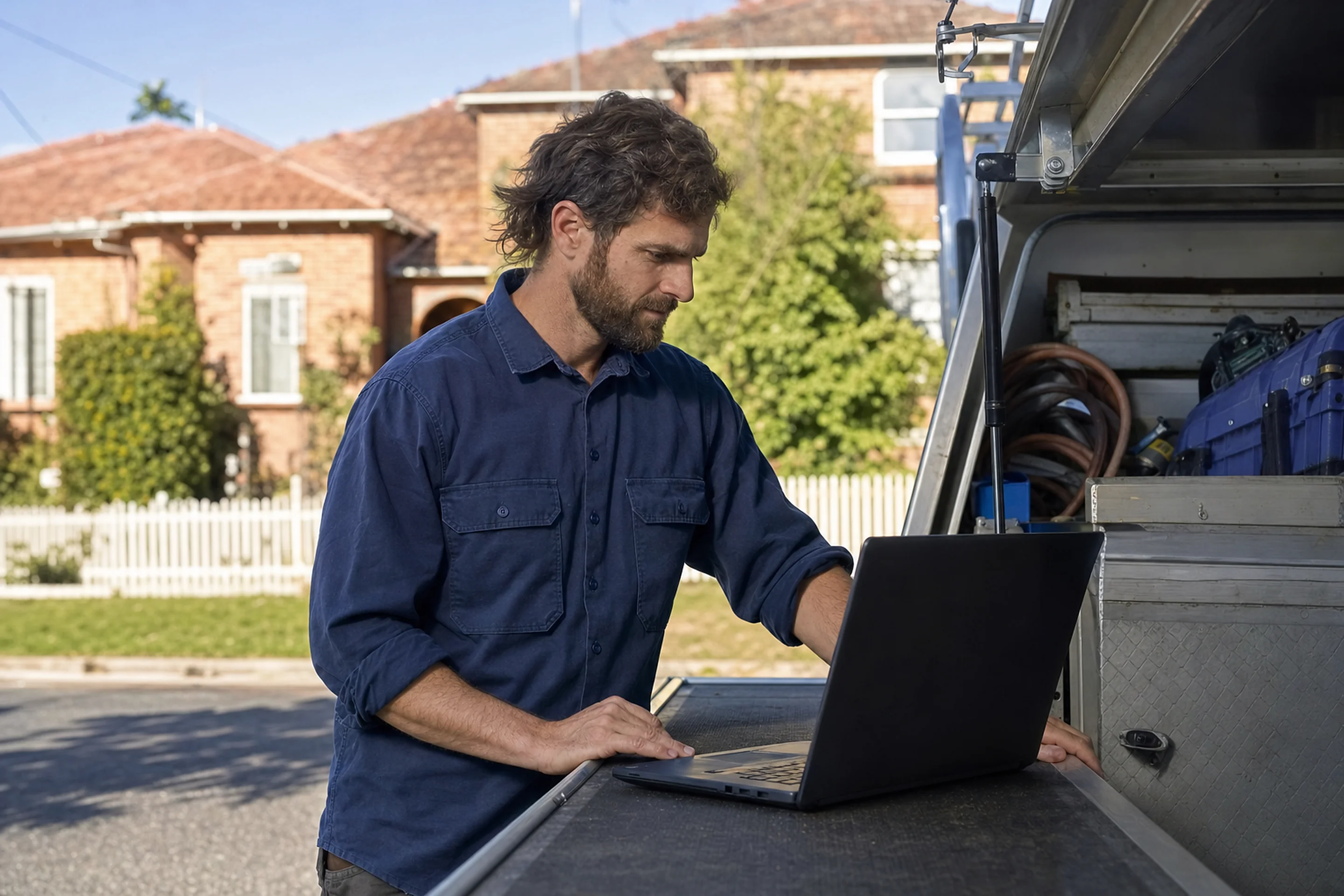Australian tradesperson checking website analytics on a laptop in a work ute