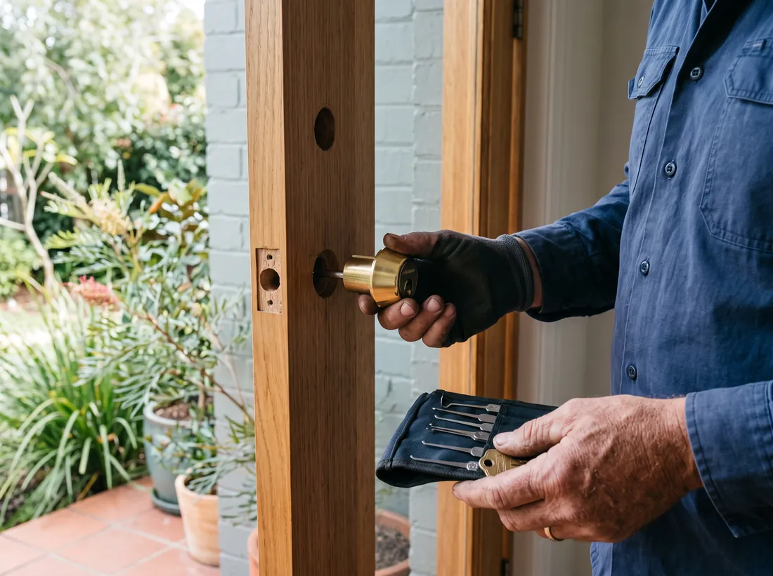 Locksmith fitting a brass deadbolt cylinder into a residential front door
