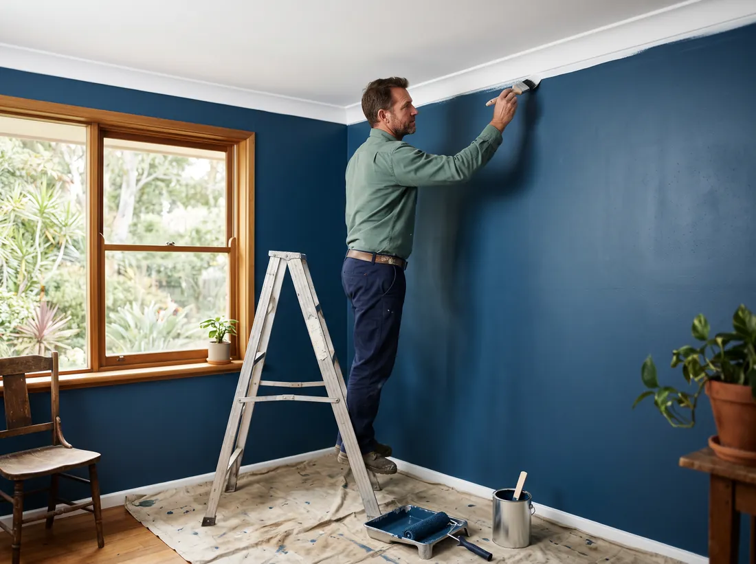 Painter cutting in a clean line along a ceiling edge in an Australian home
