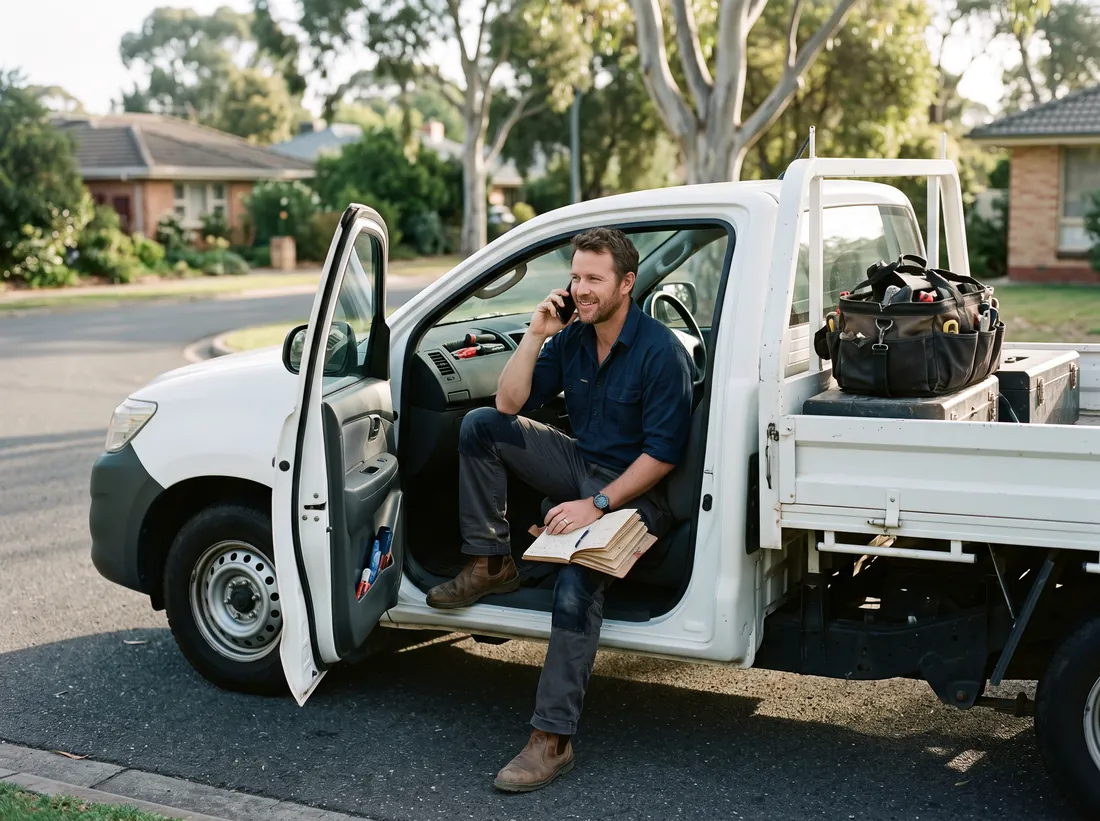 Australian tradie taking a booking call from the door of their work ute