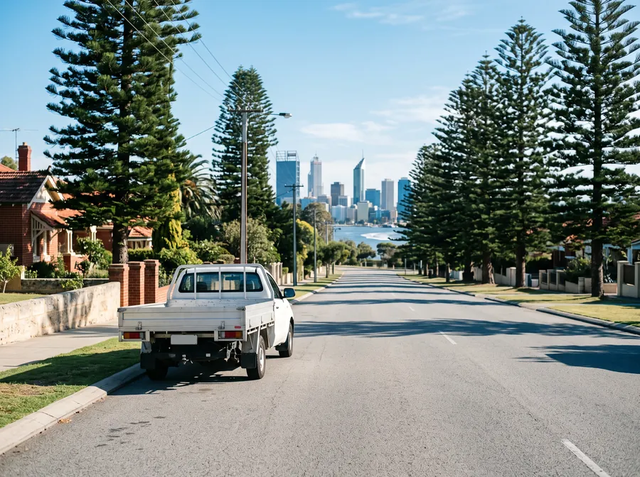 White work ute parked on a Perth street with the city skyline and Swan River in the distance